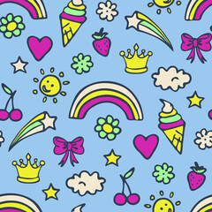 Fototapeta na wymiar Seamless vector pattern with summer stickers on blue background. Cute happy party wallpaper design. Decorative cartoon badge fashion textile.