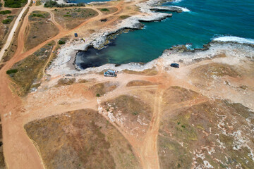 Costa Merlata, Ostuni photographed with drone from above. It offers one of the most beautiful stretches of coast in Puglia and Italy with little gulfs and sandy beaches. Italy Ostuni 