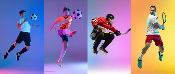 Collage of different professional sportsmen, fit people isolated on color background. Flyer.
