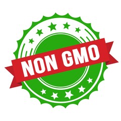 NON GMO text on red green ribbon stamp.