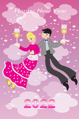 A couple flying in the clouds celebrates the new year two thousand and twenty-two