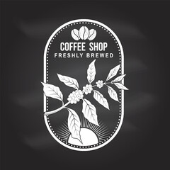 Coffe shop logo, badge template on the chalkboard. Vector. Typography design with coffee cup and branch of coffee tree silhouette. Template for menu for restaurant, cafe, bar, packaging