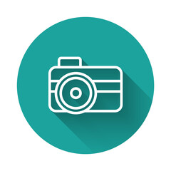 White line Photo camera for diver icon isolated with long shadow background. Foto camera icon. Diving underwater equipment. Green circle button. Vector