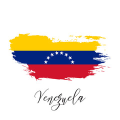 Venezuela vector watercolor national country flag icon. Hand drawn illustration with dry brush stains, stroke, spots isolated on white background. Painted grunge style texture for poster banner design