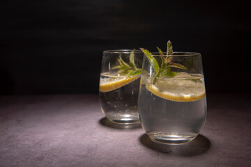Two Gin and Tonic with mint and lemon on a black background with copy space 