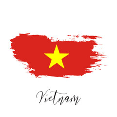 Vietnam vector watercolor national country flag icon. Hand drawn illustration with dry brush stains, strokes, spots isolated on gray background. Painted grunge style texture for posters, banner design