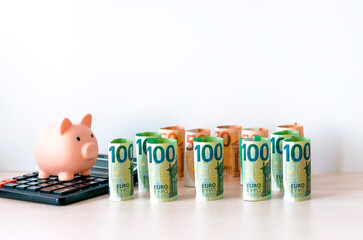 A piggy bank on a calculator and paper money in denominations of 100 and 50 euros, folded into a roll, each bill-one. Free space. The concept of preserving and increasing capital.