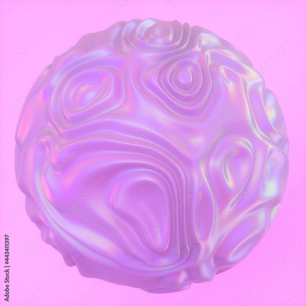 Poster Abstract holographic sphere with rippled and glitched surface. 3D illustration in retrofuturistic synthwave style.