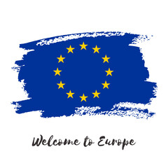 European Union vector watercolor country flag icon. Hand drawn illustration with dry brush stains, strokes, spots isolated on gray background. Painted grunge style ink texture for posters, banner.