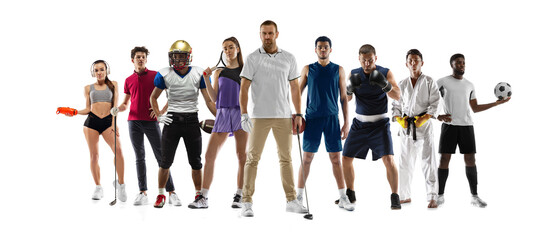 Sport collage. Tennis, basketball, soccer and american football, hockey, golf, running, boxing, taekwondo players isolated on white background.