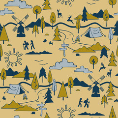 Seamless vector pattern with hiking landscape on yellow background. Happy camping wallpaper design. Decorative summer lifestyle fashion textile.