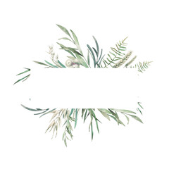 Foliage logo. Watercolor greenery card design. Hand painted floral template: plants frame on white background.