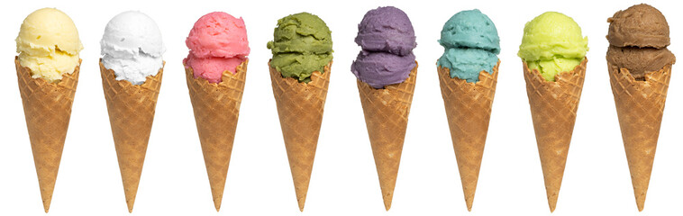 Set of various ice cream in waffle cones isolated on white background. colorful.