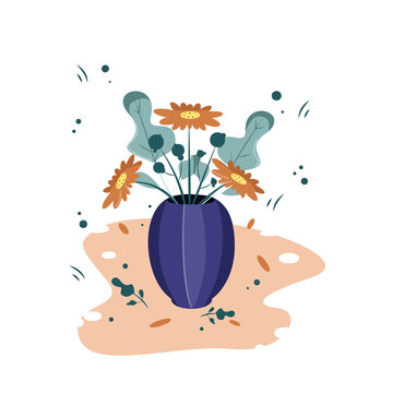 Blue Vase With Three Orange Flowers And Unusual Green Leaves
