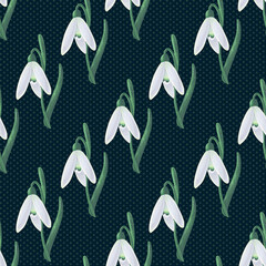 Seamless hand-drawn pattern with snowdrops in white and green on a dark green background. Textured trendy ornament with white flowers on a dark backdrop with rings.