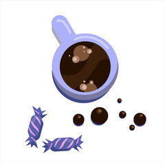 one small purple mug with black coffee and sweet chocolates on a white background