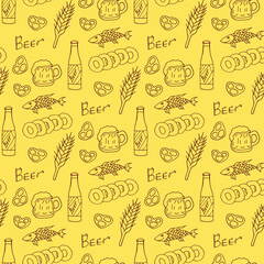 Seamless pattern with beer mugs and bottle and snacks on yellow background. Vector image.