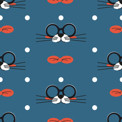 Graphic seamless pattern of cute cartoon cat muzzle with glasses and bow tie on a blue background. Vector flat illustration for kids