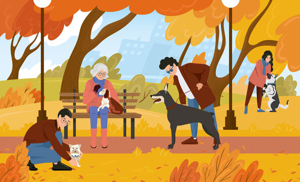 Dog walking area. People are relaxing in the autumn park with their pets. Flat vector illustration
