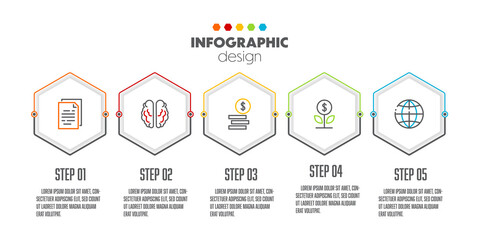 Vector presentation infographic template with concept business icon 5 step colorful hexagon shape.