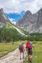 People walking on a hiking trail to the mountains