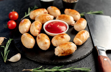 small grilled sausages on a stone background
