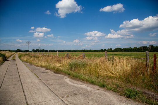 Stra&szlig;e in der Altmark entlang von Weiden und Feldern in der Altmark