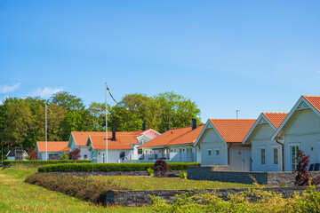 Residential area with houses and gardens in the summer