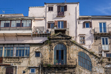 Fototapeta na wymiar Buildings in La Cala district, port of Palermo, capital of Sicily Island in Italy