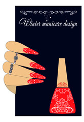 Winter manicure design. A female hand with beautiful red nails holds an advertising card. White pattern on manicure and nail polish bottle. Graphic illustration.