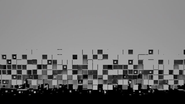Gray square cells form the shutter that rises up and hide the black screen. Nanotech abstract concept. 3D animated transition intro with alpha channel as matte mask and chroma key color id.