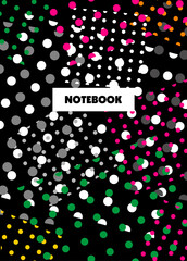 Naklejka na ściany i meble Book cover design. Notebook for college, a school notebook. Vector illustration. abstract pattern of multi-colored dots on a black background. vector design.