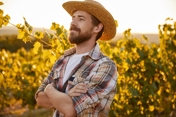 Confident farmer standing near grapevine