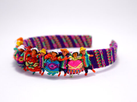 Headband with handmade ornaments of coyas motifs. Crafts from the north of Argentina. Upper Peru, Bolivia, Northern Argentina. People with indigenous coya clothing. Colorful traditional crafts.