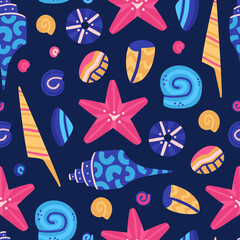 Vector seamless pattern with colorful underwater world. Cute hand-drawn fish. Marine life. Repeating background. It can be used for baby clothes, T-shirts, swimwear, wrapping, wallpaper, cloth