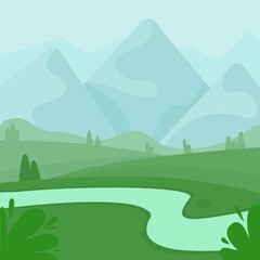Obraz premium Camping landscape. View from the tent to the mountains, forest and river. Background for developing the concept of a summer camp, nature tourism, camping or hiking. Outdoor recreation. Vector
