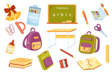 School supplies cute elements isolated set. Collection of bells, pencils in box, blackboard, pen, paints and brush, backpacks, desk, textbooks, stationery. Vector illustration in flat cartoon design