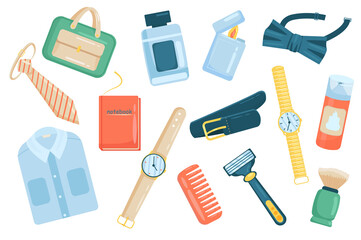 Mens accessories cute elements isolated set. Collection of briefcase, tie, perfume, lighter, shaving cream and brush, watch, razor, comb, shirt, notebook. Vector illustration in flat cartoon design