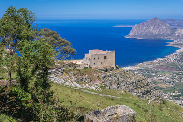 Fototapeta na wymiar Quartiere spagnolo, remains of historic fort in Erice, small town in Trapani region of Sicily Island, Italy