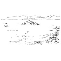 Seascape. Mountains and sea. Hand drawn sketch on white.  Vector realistic illustration. Black and white.