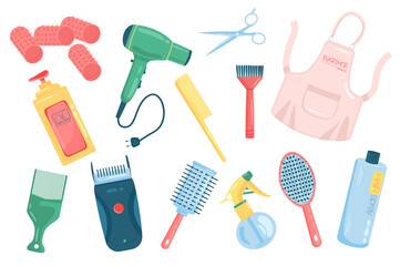 Barbershop accessories cute elements isolated set. Collection of curlers, hairdryer, comb, apron, shampoo, razor, cosmetics for styling, hairdresser tools. Vector illustration in flat cartoon design