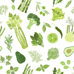 Green vegetables and spicy herbs. Seamless vector pattern on white. Healthy food background.