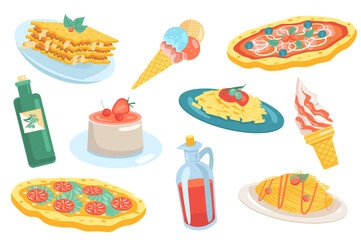 Italian food elements isolated set. Collection of traditional food at restaurant. Lasagna, pizza, gelato, pasta, olive oil, wine, desserts and more dishes. Vector illustration in flat cartoon design