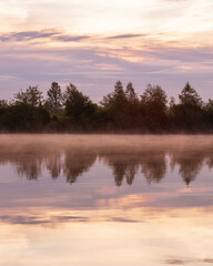 Sonnenaufgang am See mit Baumreihe in einer spiegelung