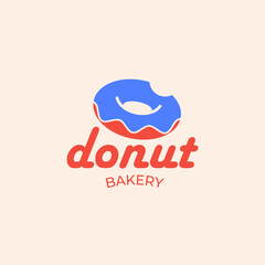 Minimalist logo or emblem for donut shop and bakery. Bright vector design with bitten donut. Identity. Business Card.