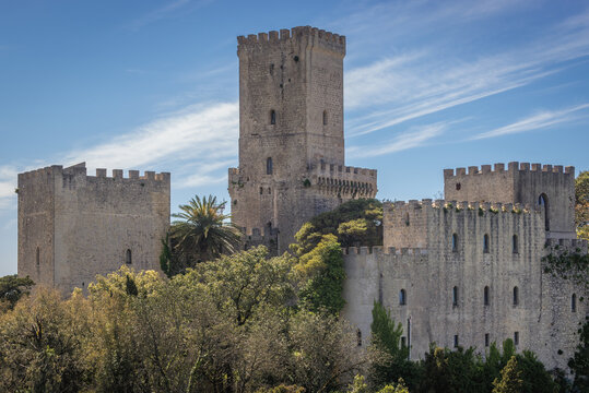 Balio castle and towers near Venus Castle in Erice, small town in Trapani region of Sicily Island, Italy