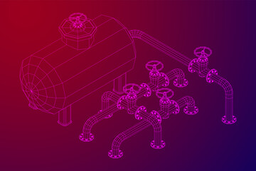 Oil tank storage of flammable materials and pipeline with valve. Finance economy polygonal petrol production. Petroleum fuel industry transportation line. Wireframe low poly mesh vector illustration.