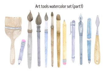 Art Supplies watercolor set. Pencil, brush, pen, art accessories watercolor paint, artist, art tools. Workshop, art studio, workplace. Artist, artist tools. Isolated on white background