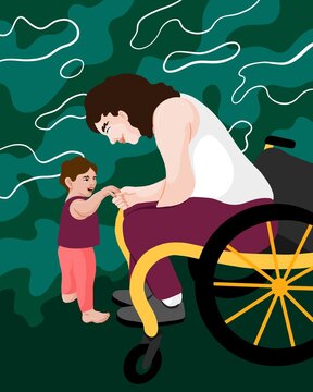 Person in a wheelchair holding the hand of a little child behind an abstract background