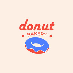 Minimalist logo or emblem for donut shop and bakery. Bright vector design with bitten donut. Identity. Business Card.
